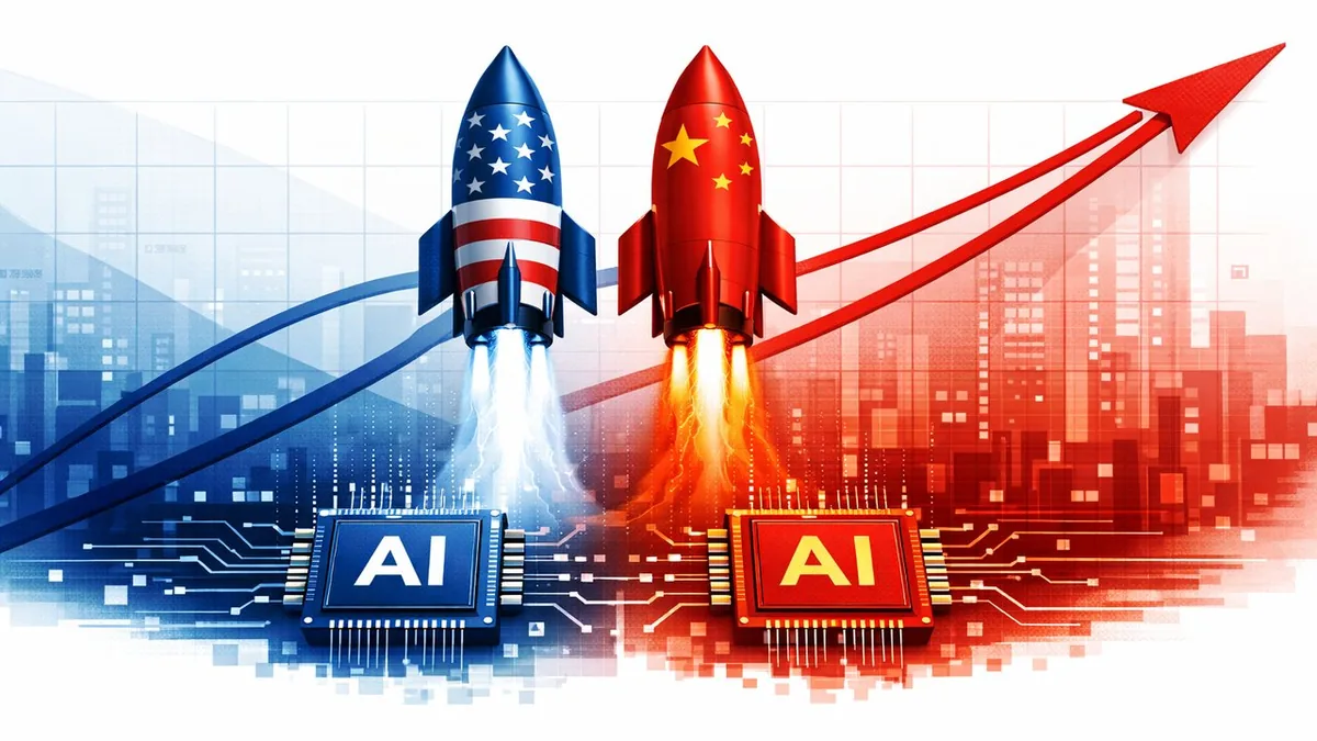 US and China AI rockets racing side by side representing the closing performance gap in the 2026 Stanford AI Index