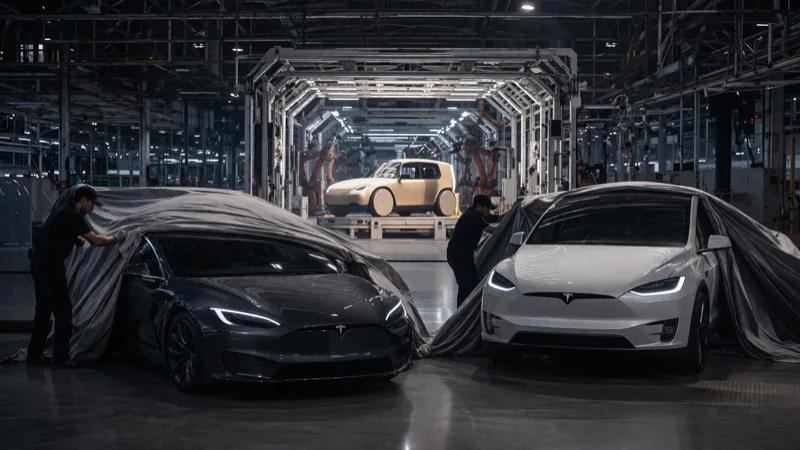 Tesla Model S and Model X in factory with Cybercab in background