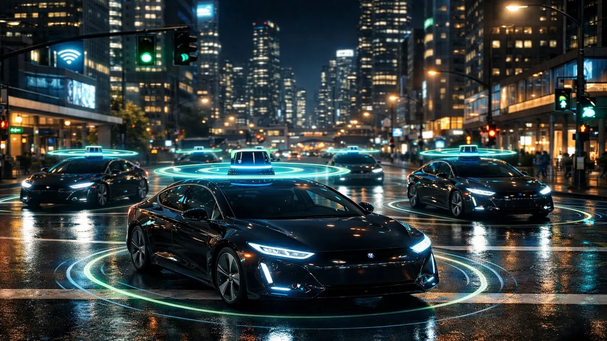 Fleet of self-driving robotaxis on futuristic city street at night with LiDAR sensor visualization