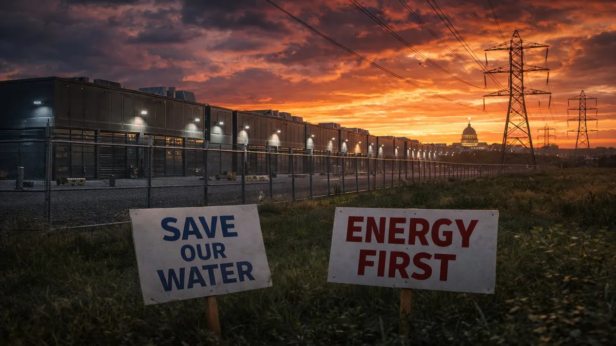 Data center complex at dusk with protest signs outside representing state opposition to AI infrastructure expansion