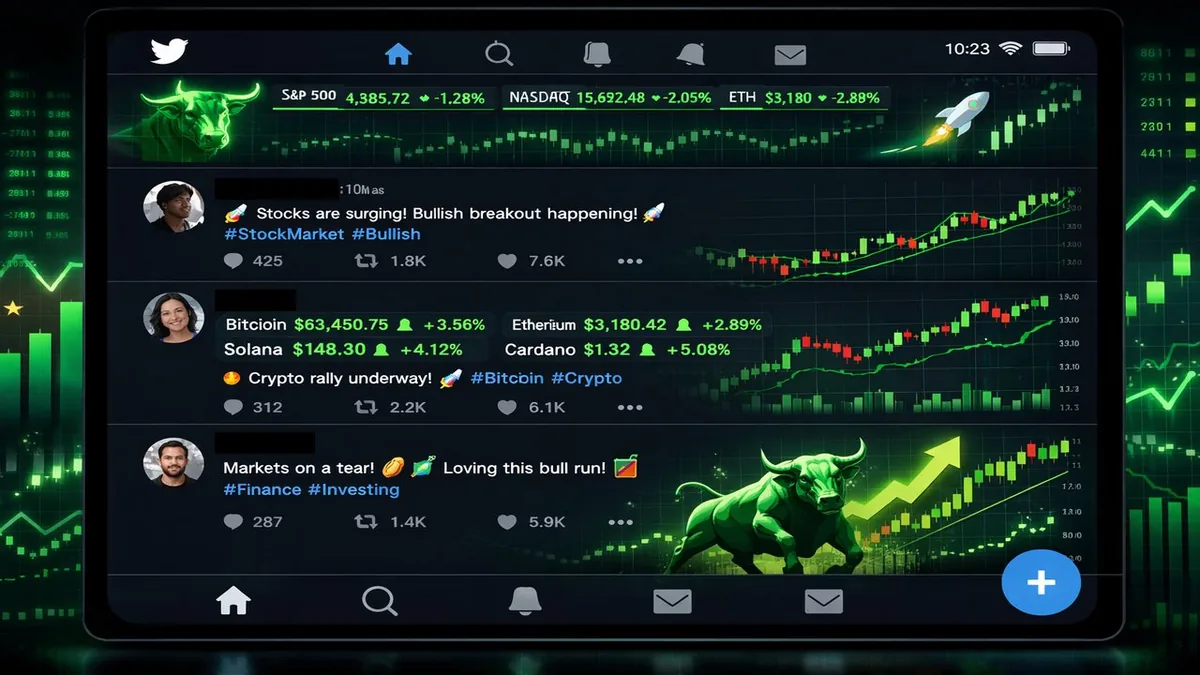X app showing real-time stock and cryptocurrency data in a social media timeline via Cashtags