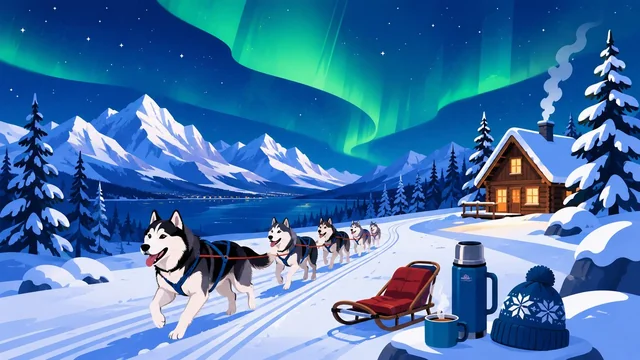 Winter travel illustration with Northern Lights, snow cabin and husky sled