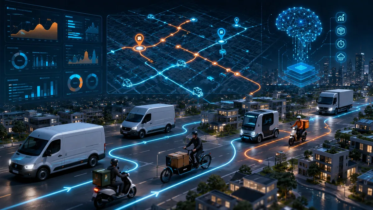 Futuristic AI-driven last mile delivery scene with optimized routes, electric vans, cargo bikes, and real-time logistics dashboards