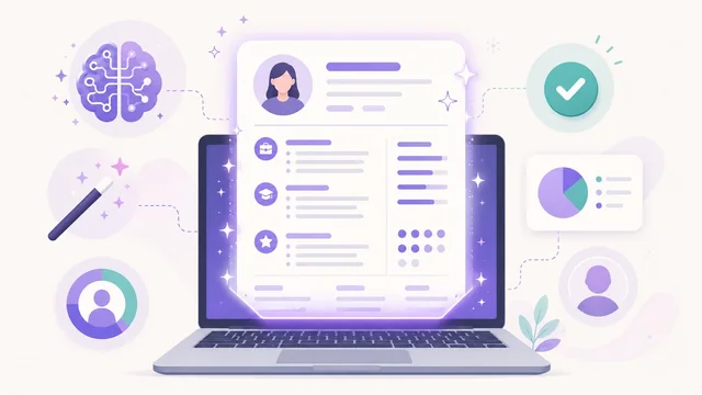AI resume builder illustration with document, sparkle AI icon and skills tags