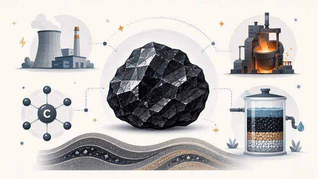 Editorial illustration of a stylised anthracite coal chunk with industrial application icons