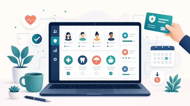 Editorial illustration of a benefits enrollment dashboard with health plan icons and an insurance card