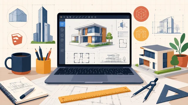 Architecture software illustration with laptop showing 3D building blueprint