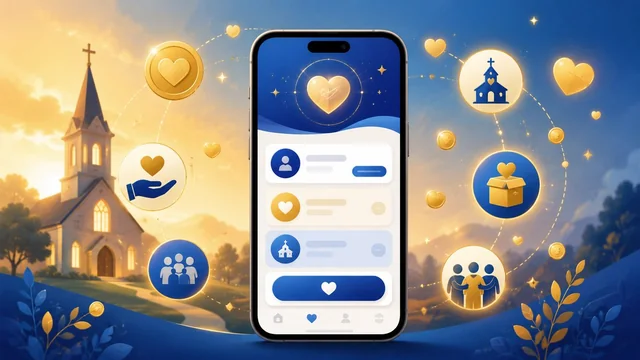 Best church giving software 2026 — digital tithing app on smartphone with church and community icons