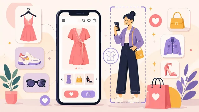 Fashion apps illustration with smartphone showing dress and floating clothing icons