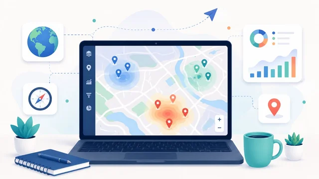 Digital mapping workspace illustration with map pins, charts and analytics
