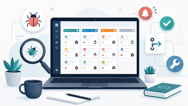 Editorial illustration of a developer workspace with a bug-tracker kanban board on a laptop screen