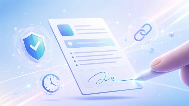 Editorial illustration of a document being signed digitally with a security shield and stylus