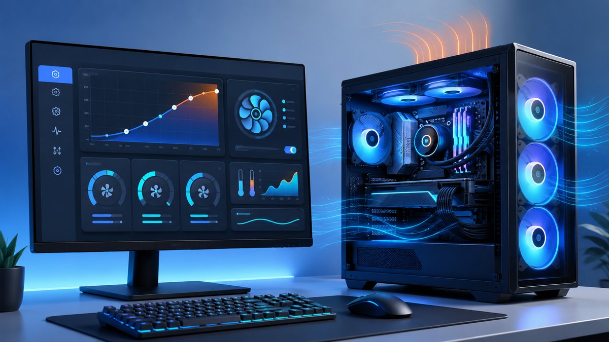 Fan control software for Windows 2026 — PC with RGB fans and cooling dashboard illustration