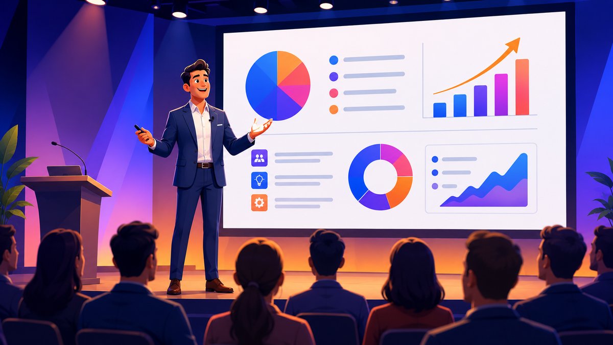 Confident speaker giving a presentation on stage with colorful slides to an engaged audience