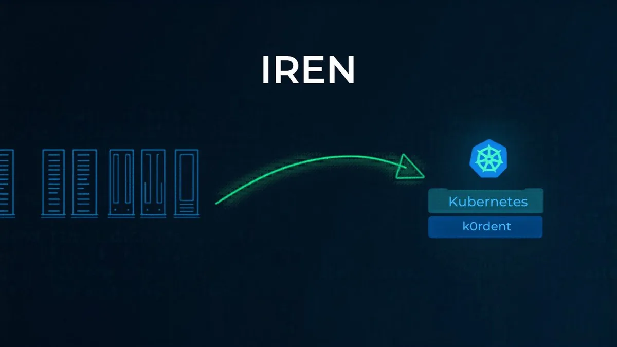 IREN data-center logo merging with Mirantis Kubernetes logo via a $625M arrow; GPU stack icon with k0rdent orchestration layer above it, illustrating the May 2026 all-stock acquisition.