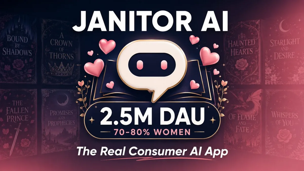 Janitor AI chatbot mascot silhouette with hearts and chat bubbles; 2.5M DAU and 70-80% women callouts; stack of romantasy book covers in background, illustrating the May 2026 Forbes user-demographic story.