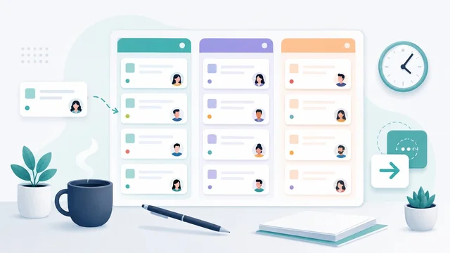 Editorial illustration of a Kanban board with stacked cards across To-do, In-progress and Done columns