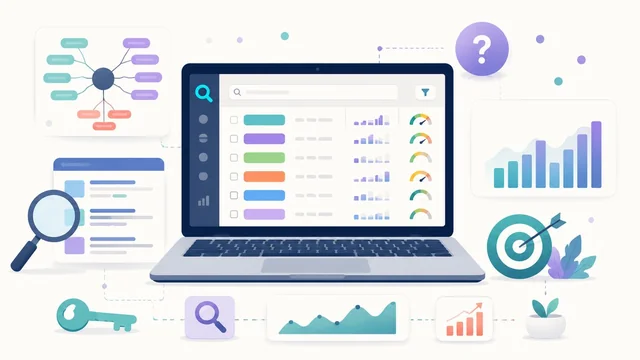 Editorial illustration of a keyword research workspace with keyword pills and volume meters