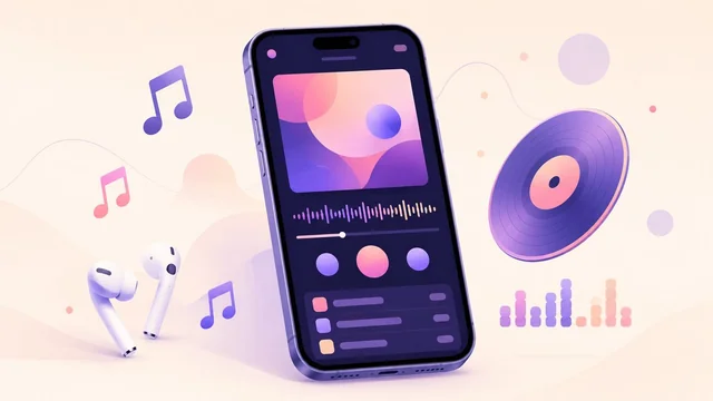Playful editorial illustration of an iPhone with a music app interface and floating notes and earbuds