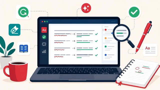 Online proofreading illustration with laptop screen, red corrections and AI sparkle