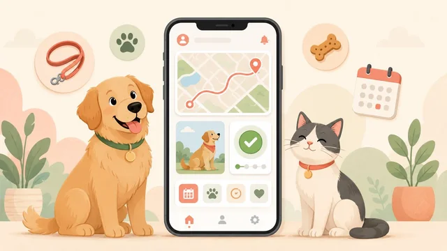 Editorial illustration of a pet-sitting app with cartoon dog and cat companions