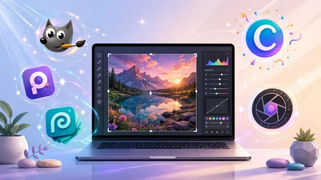 Editorial illustration of a laptop showing a photo being edited surrounded by floating photo-editor icons