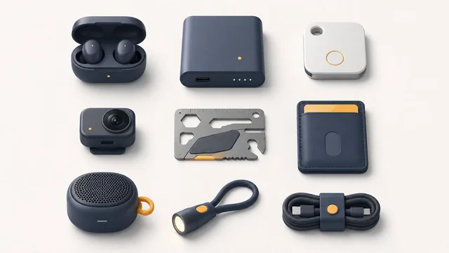 Editorial knolling illustration of portable everyday-carry tech gadgets arranged on a clean background