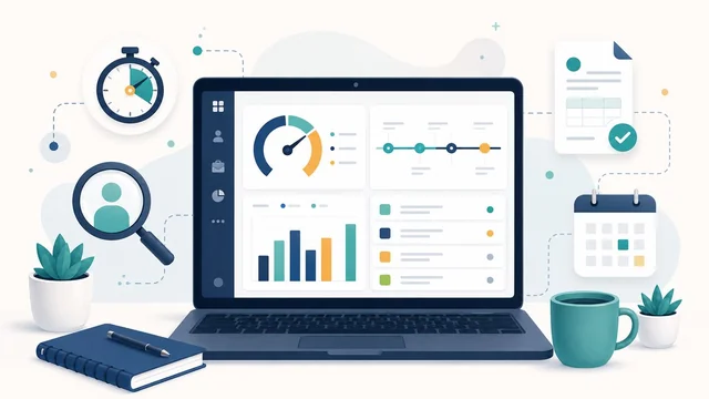 Editorial illustration of a PSA dashboard with resource utilisation gauge, project timeline and billable-hours chart