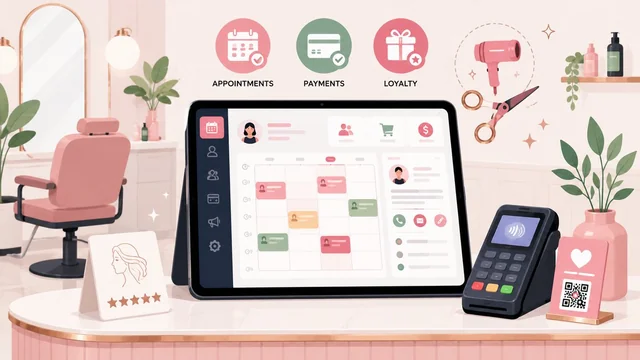 Salon software dashboard illustration with tablet, calendar and POS reader