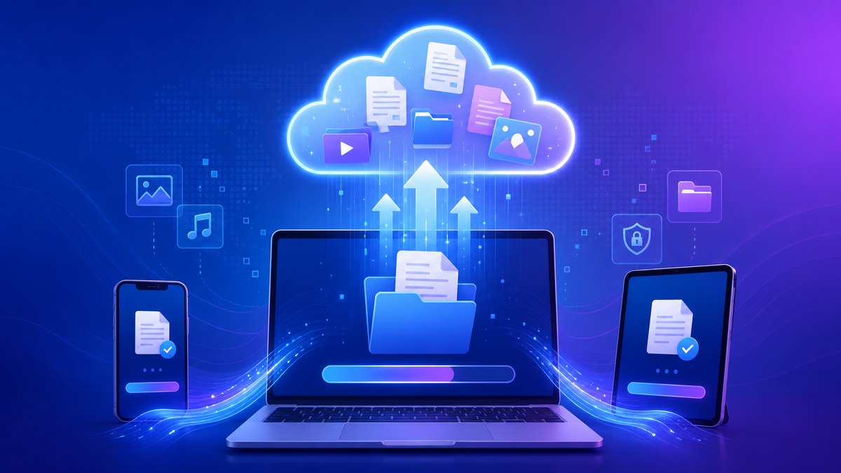 Sending large files online 2026 — files uploading to the cloud between devices illustration