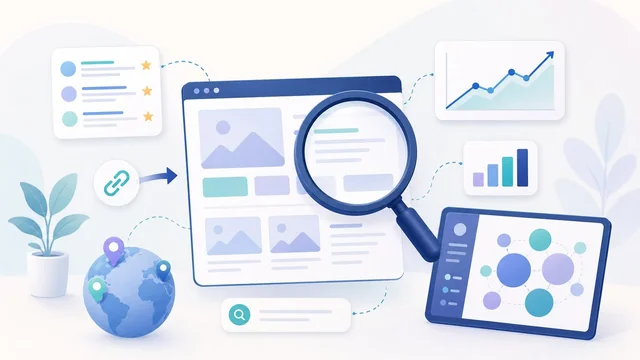 Editorial illustration of a magnifying glass over a website wireframe with floating SEO analytics charts