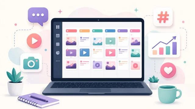 Editorial illustration of a content scheduling dashboard with colourful post tiles across days
