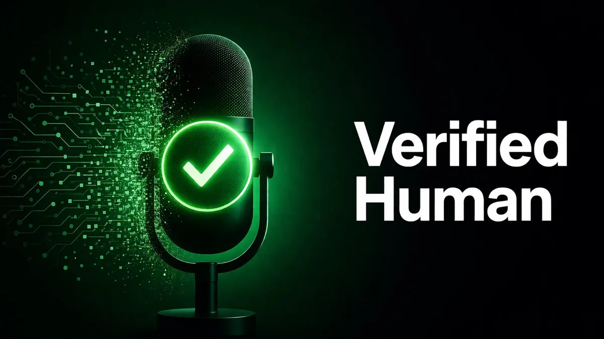 Verified human checkmark badge with microphone illustration