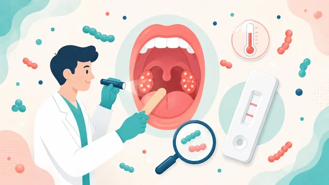 Strep throat medical illustration with doctor examining throat and rapid test