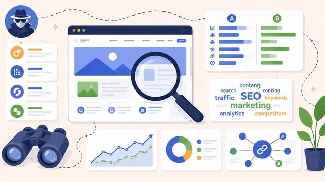 Competitor research illustration with magnifying glass and analytics dashboard