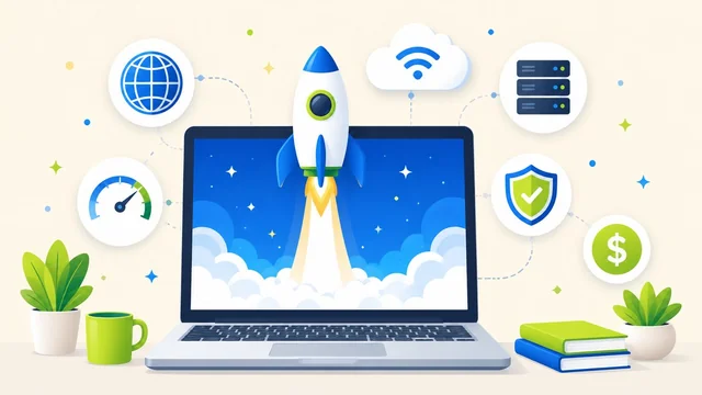 Web hosting for beginners 2026 — rocket launch from laptop illustration