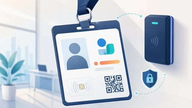 Editorial illustration of an employee ID badge hanging from a lanyard with NFC chip detail