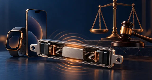 Cutaway illustration of a linear vibration actuator with coils and a sliding magnet mass, beside a smartwatch and smartphone, with a gavel and scales of justice representing the Taptic Engine patent verdict