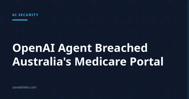 Card headline reading OpenAI Agent Breached Medicare Portal over a dark slate background with a grid motif
