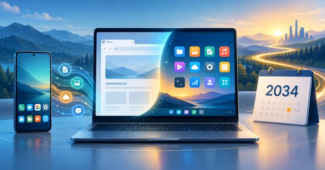 Illustration of a laptop whose screen shifts from a simple browser window to a grid of app icons, linked by glowing lines to an Android-style phone, beside a desk calendar marked 2034
