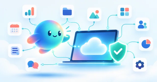 Illustration of a round, friendly AI agent character connected by lines to calendar, file, chart and chat app icons beside a laptop showing a cloud and a green approval shield, representing OpenAI dots