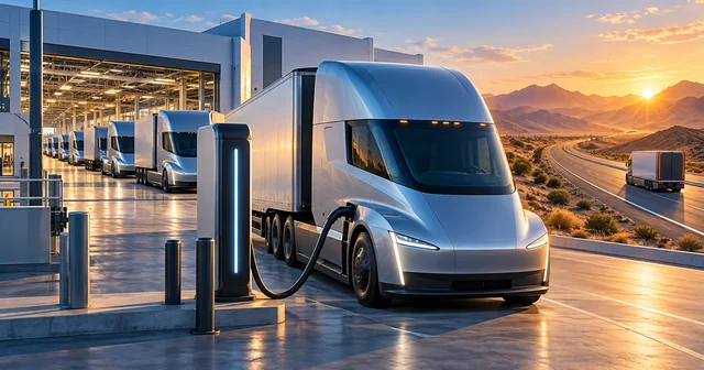 Illustration of a silver electric semi truck plugged into a megawatt charging post outside a truck factory, with a line of new trucks and a desert highway at sunset