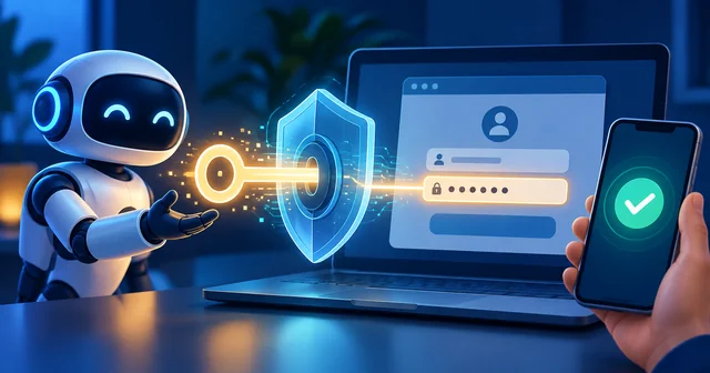 Illustration of an AI agent robot sending a glowing digital key through a security shield that fills a masked password field on a laptop login screen, while a hand holds a phone showing an approval checkmark