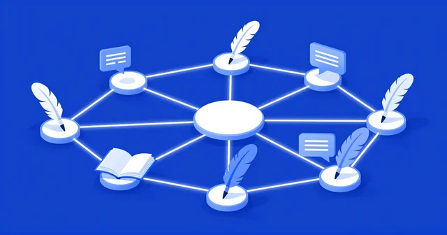 Illustration of a network of quill pens, books and speech bubbles linked by glowing lines