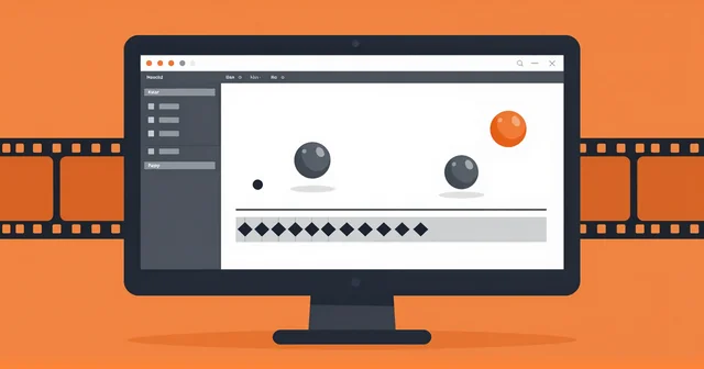 Illustration of an animation editor on a monitor with a bouncing-ball sequence and keyframe timeline, framed by film strip