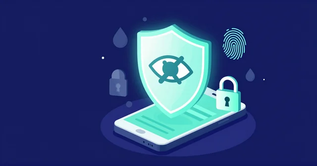 Illustration of a smartphone under a privacy shield with an eye-slash icon, padlock and fingerprint