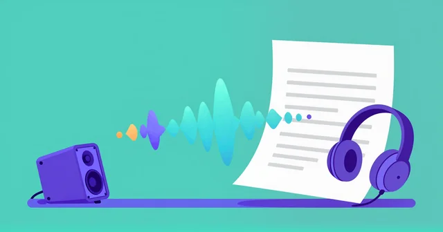 Illustration of a document turning into sound waves that flow to a speaker and headphones