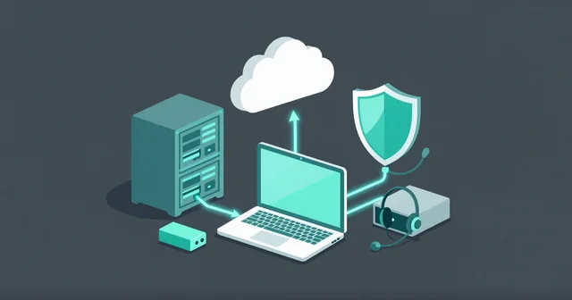 Illustration of a server rack, cloud, security shield, headset and backup drive connected to a laptop