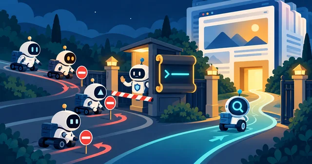 Illustration of robot web crawlers on a road to a website building: a gatekeeper robot holding up a code scroll turns AI training bots back at a barrier with stop signs, while a search robot with a magnifying glass drives through the open gate