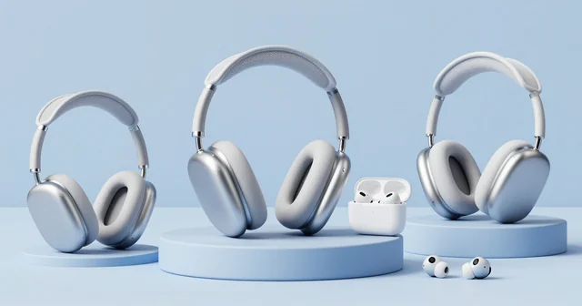 Illustration of several premium over-ear headphones and earbuds on display pedestals